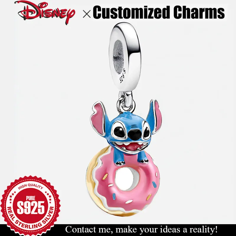 

925 Sterling Silver Charm Disney Stitch doughnut Customizable cartoon pendant Original enamel silver Beads Jewelry accessories