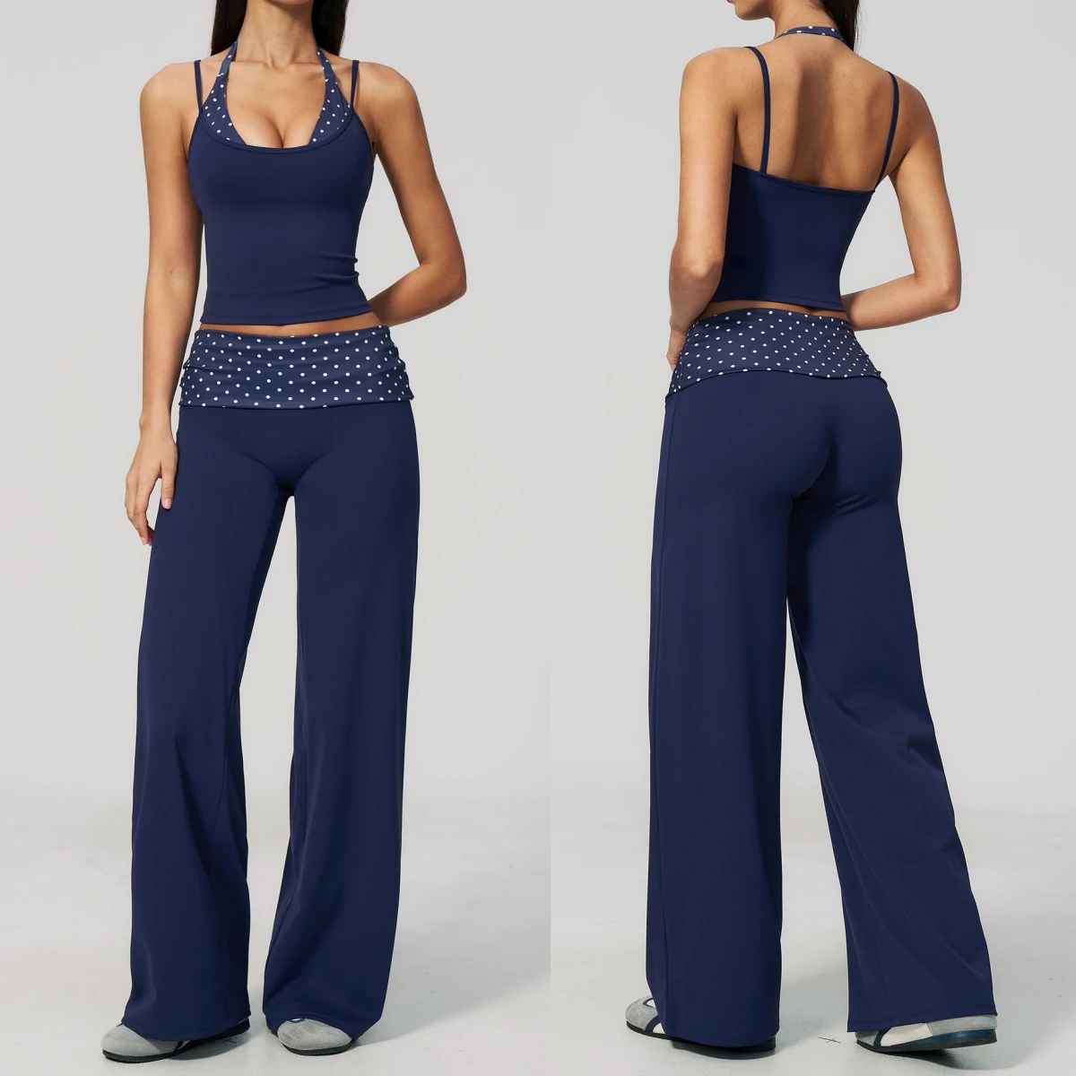 Stretchy Yoga Workout Set Women Mock Two-Piece Halter Crop Top Polka Dot Fold Over Waist Wide Leg Trousers Gym Training Suit