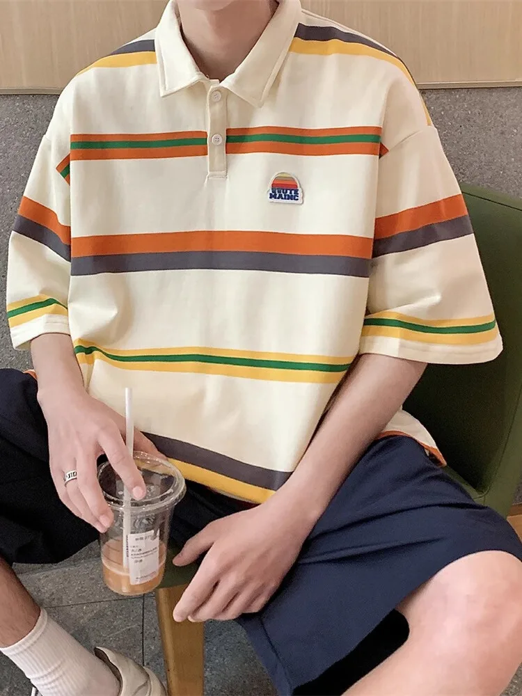 

Мужская летняя футболка-поло с коротким рукавом, модная, брендовая, в полоску, плотная, повседневная одежда