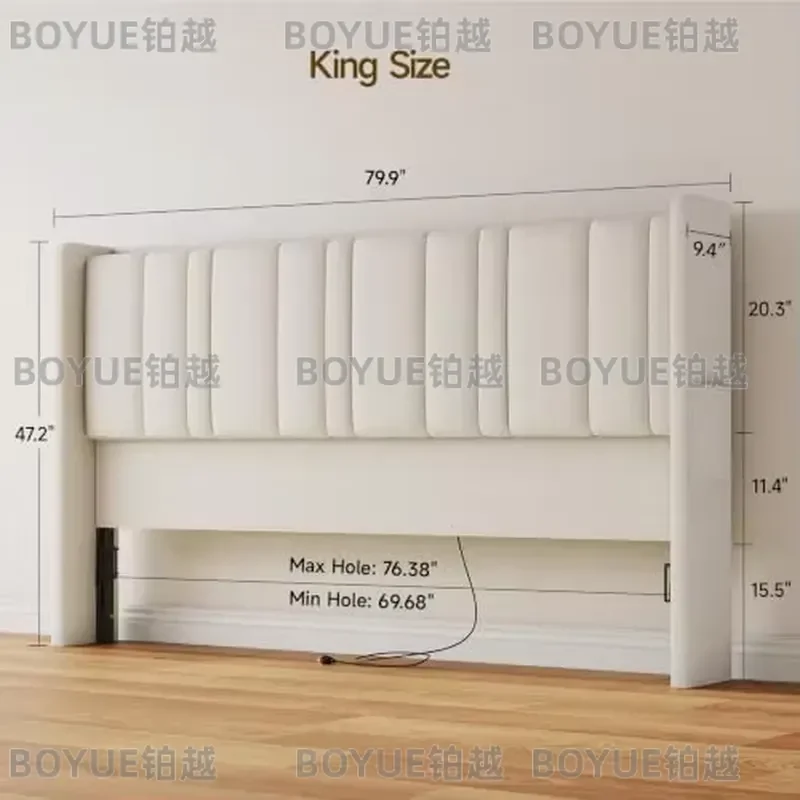 King Size Headboard with Storage, LED Light, Linen Vertical Wingback Headboard with Charging Station, Upholstered Head