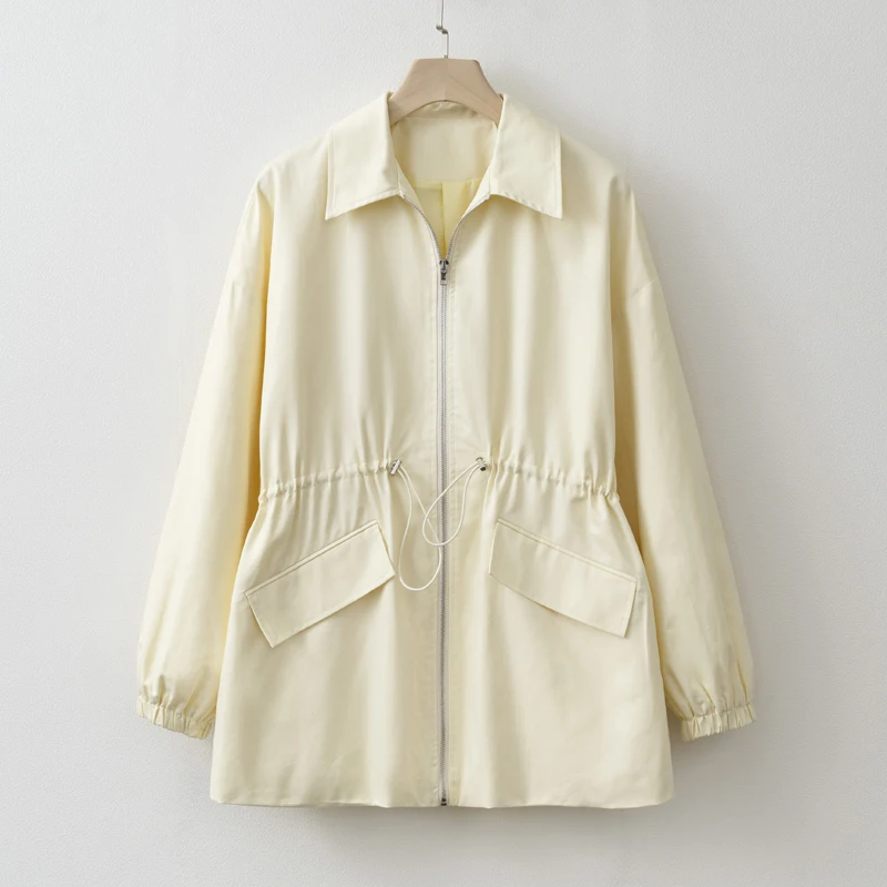 

Autumn Winter Cream Yellow Jacket For Women Long Sleeve Elastic Adjustable Waist Casual Coat 2025 New Lady Commuter Outwears
