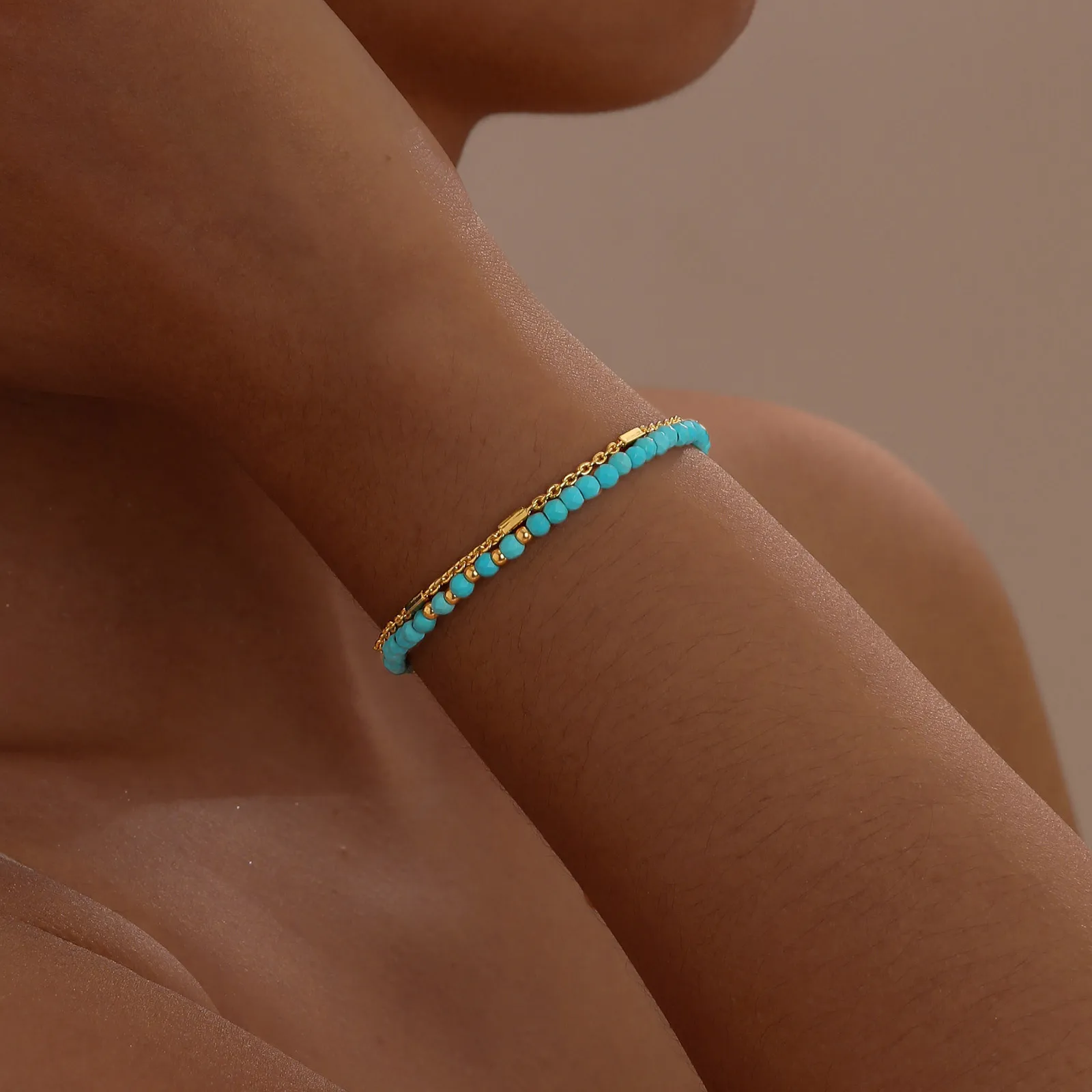Turquoise Bracelet for Women, Double Chain Round Beaded Bracelet, Tarnish Free Gold Plated Jewelry Gift
