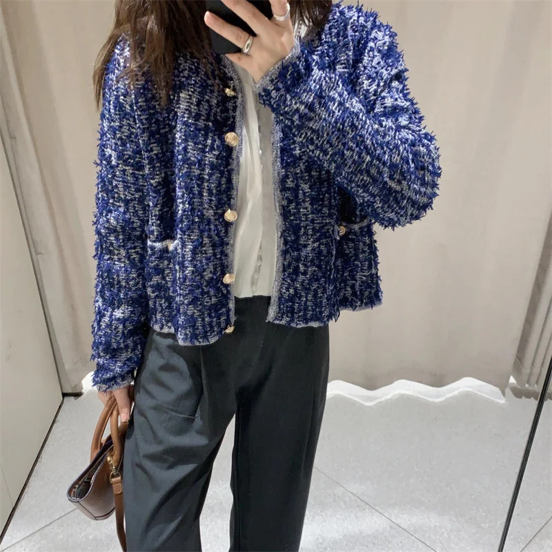 Cárdigan Corto de Punto con Cuello Redondo y Flocado Azul BANA, Ropa de Punto para Mujer, Informal, Cómodo, Hoado, Moda de ...