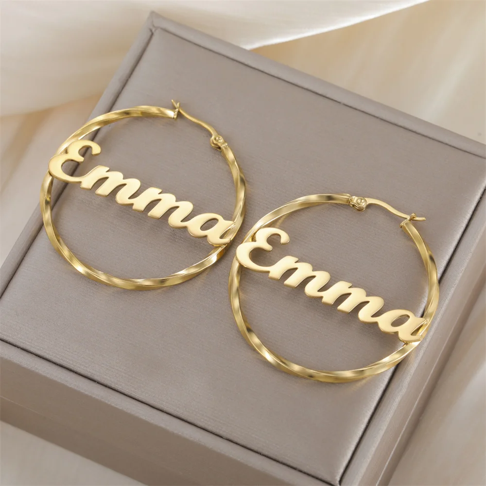 

My Shape Custom Name Hoop Earrings Stainless Steel Customized Round Earrings Personalized Ear Jewelry 1.2 Inch 1.6 Inch 2.0 Inch
