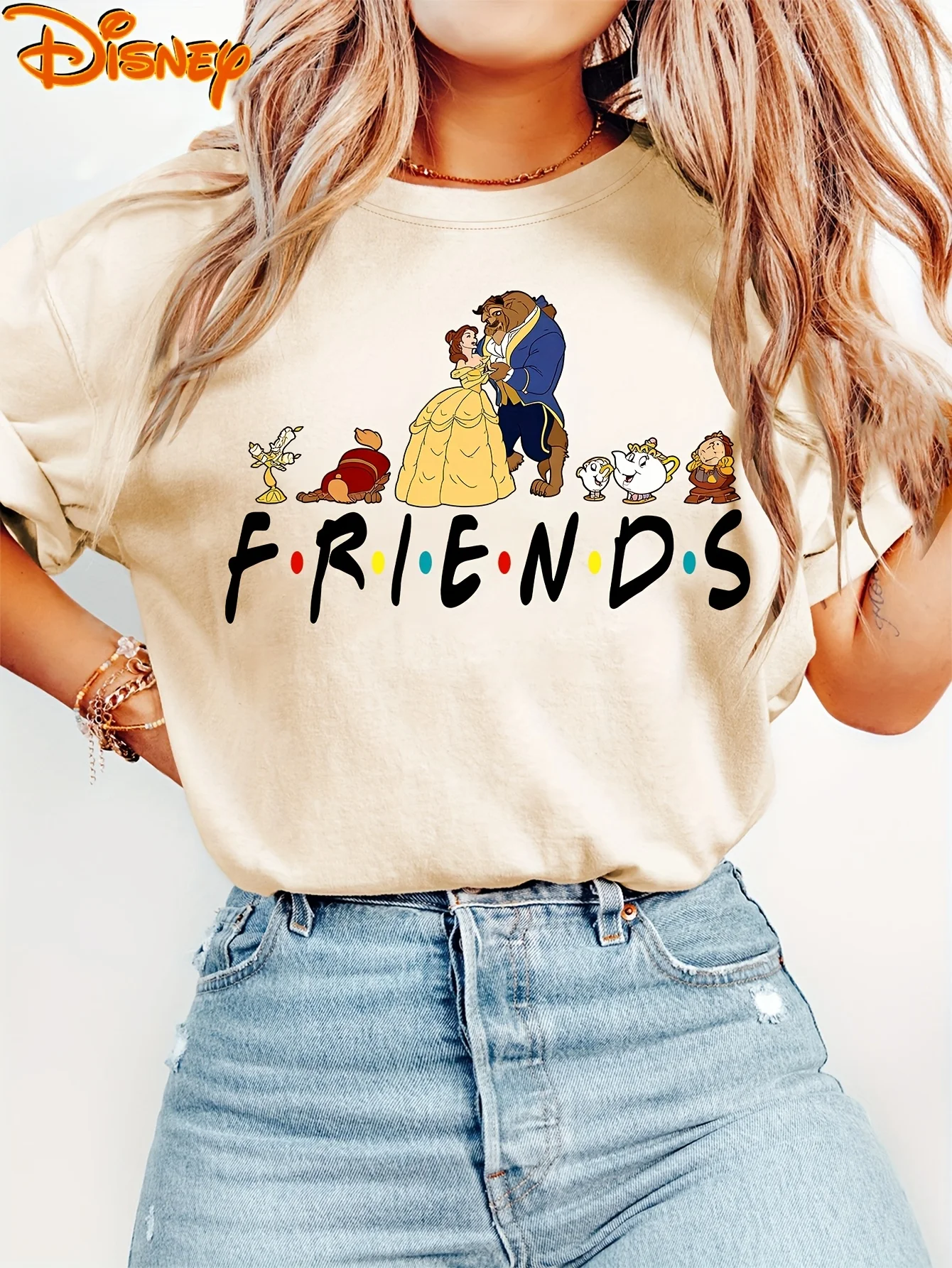 

Женская футболка принцессы Диснея «Красавица и чудовище», хлопковая футболка с круглым вырезом, повседневная уличная одежда оверсайз с короткими рукавами, винтажная пара