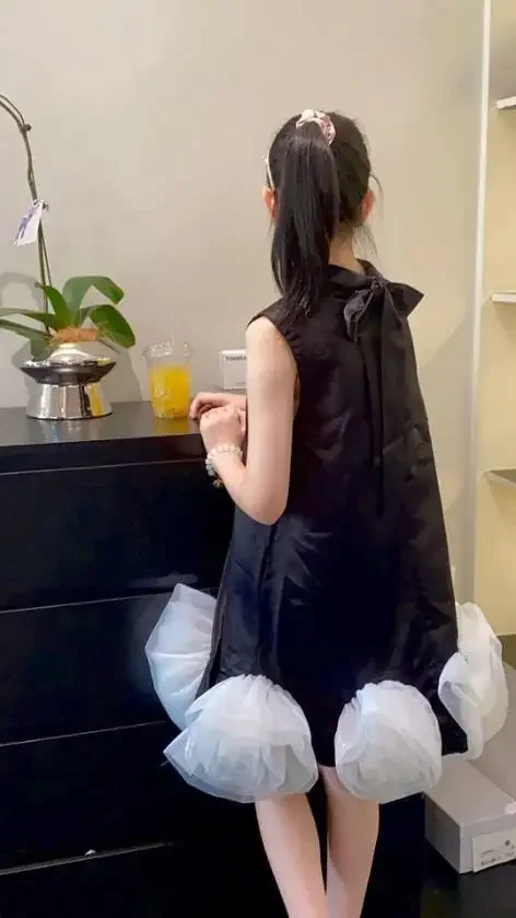 Summer Boutique Kids Clothing Black Hepburn Style Flower Sleeveless Girls Dresses A3954 Vestidos Girs Birthday Pageant Dress