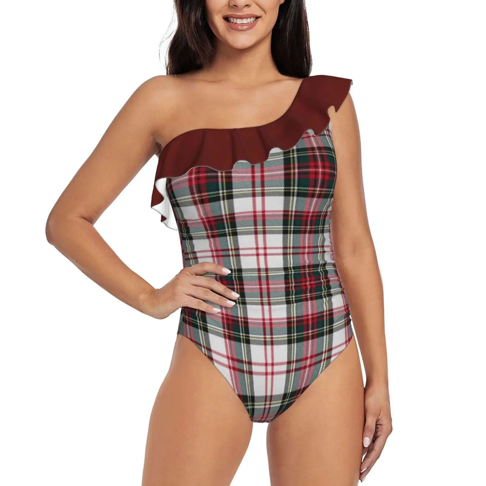 

Clan Stewart Dress Tartan Plaid Pattern Tartan Stuart One Shoulder Ruffle Swimsuit One-Piece Beach Bathing Suit Print Sexy