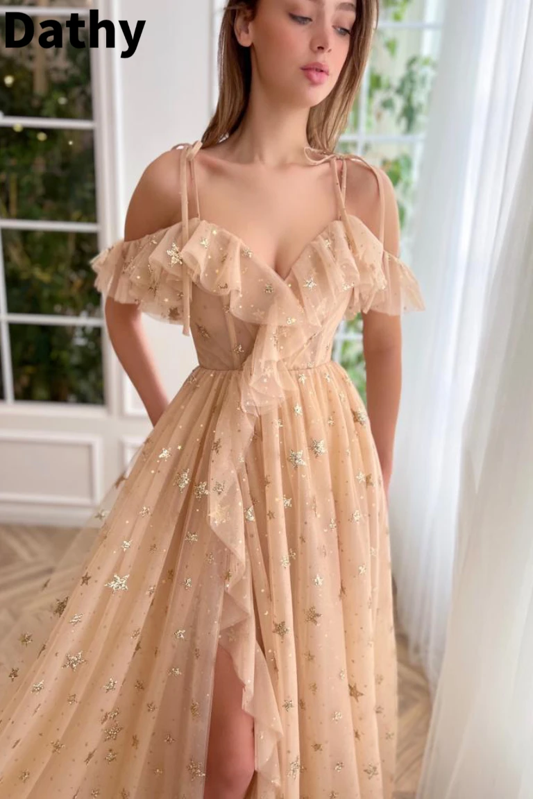 Dathy Shiny Star Ruffle Edge Evening Dress Khaki Sweetheart Off Shoulder Long Dress Luxury Evening Dresses 2023 Formal Dresses