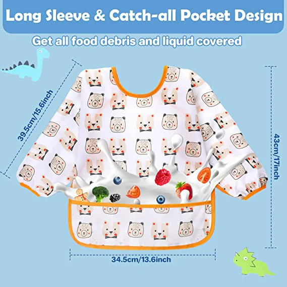 Waterproof Long Sleeve Bib Wipe Clean Baby Weaning Bib Cartoon Print Feeding Smock Mess Proof Toddler Apron for Eating & Art