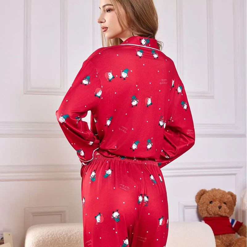 Women\'s Pajamas Christmas New Year Printed Long Sleeve Long Pants Cardigan Lapel Loose Homewear Large Size Sleepwear Green Red