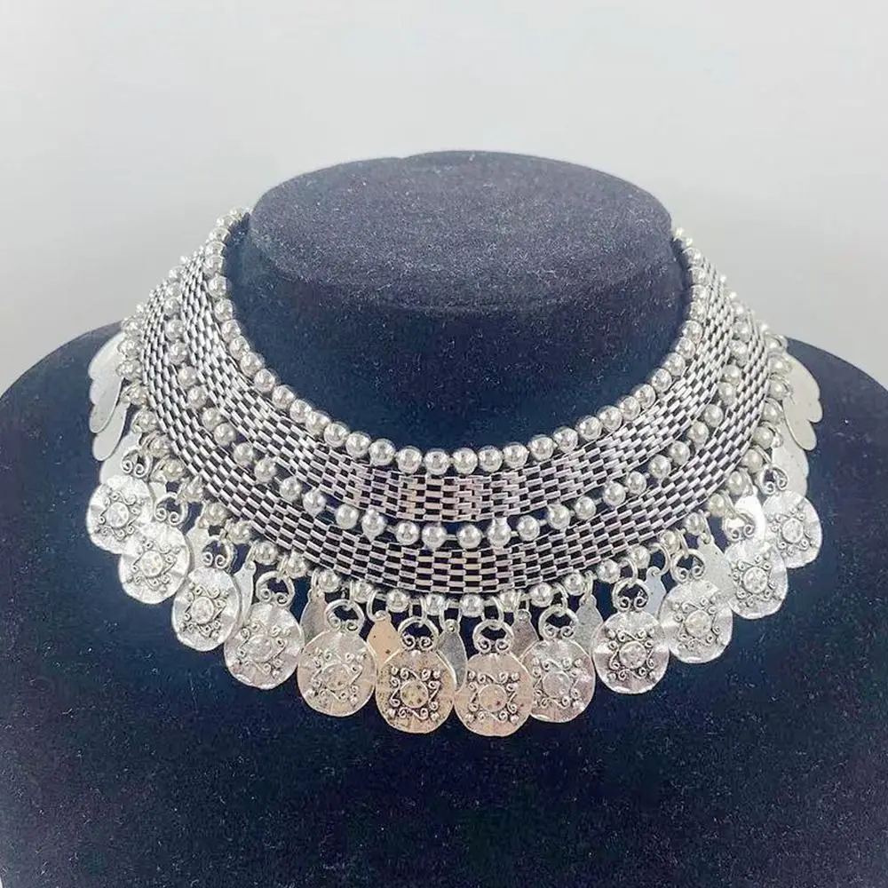 فضية اللون خمر القلائد سبيكة شكل هندسي بوهو القلائد عملة قلادة شرابة تصميم القلائد التركية الغجر الموضة #2