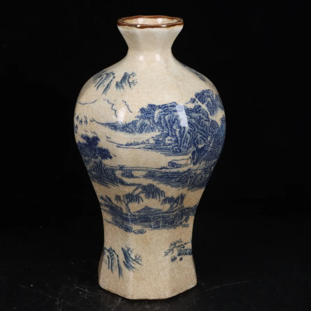 Jingdezhen Blue and White Landscape Pattern Six Ridge Plum Vase Antique Porcelain Decoration