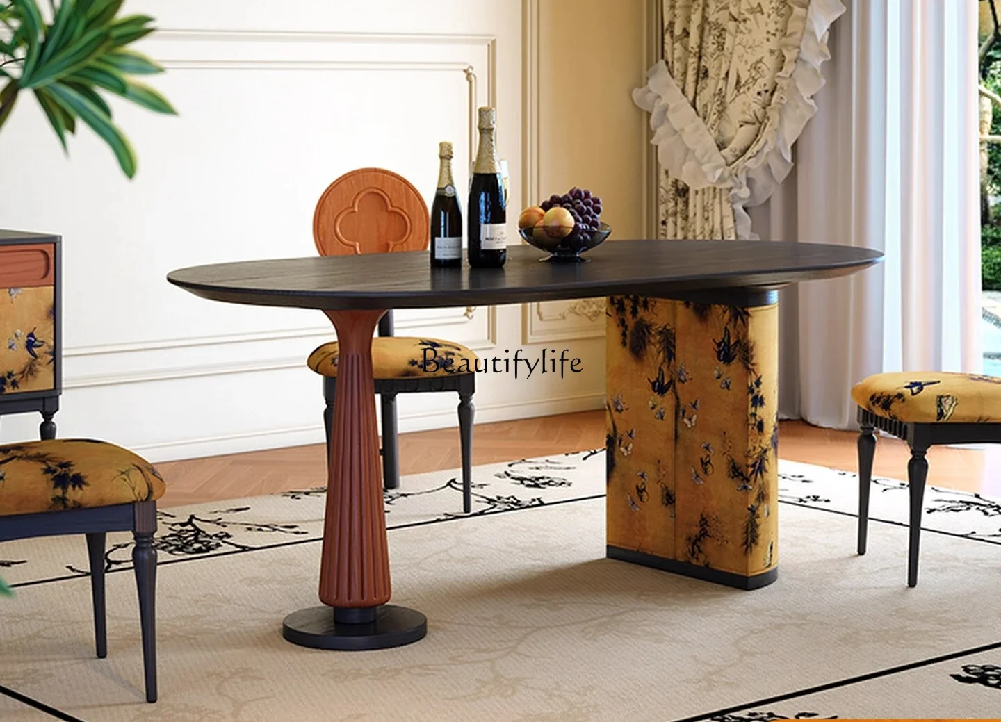 

XX39French retro solid wood dining table, high-end sense, antique oval dining table and chair combination in the living room