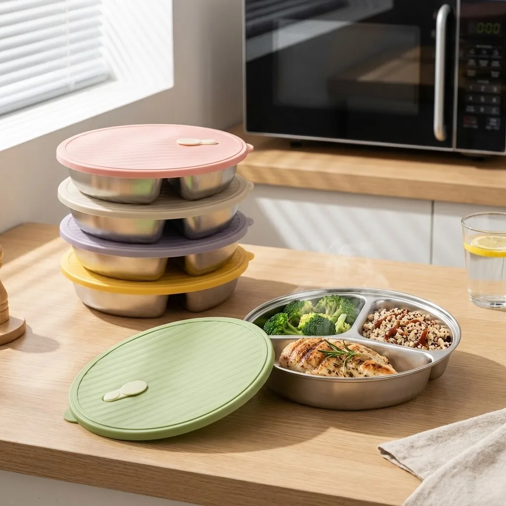 1/2PCS 304 Stainless Steel Children Dinner Plate Reusable 3 Compartments Deepen Dinning Plate With Lid Microwave Safe Tableware