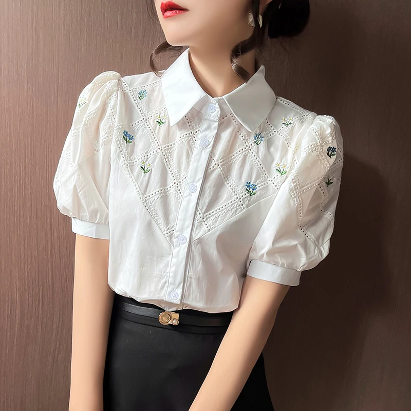 

Women Fashion Chic Embroidery Puff Sleeve Single Breasted Shirts Summer New Vintage Commute Hollow Out Tops