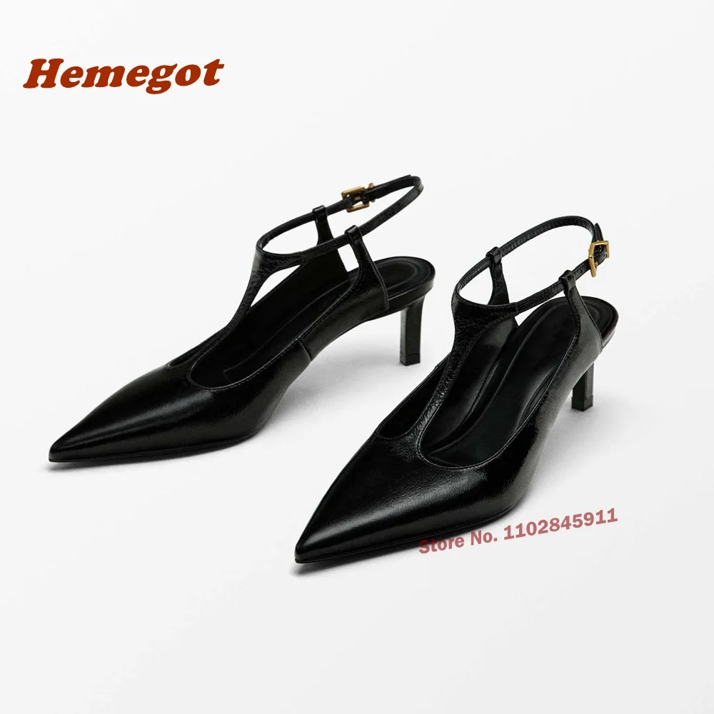 

Pointed Toe Slingback Pumps Stiletto Heels T-Strap Roman Shoes Black Glossy Buckle Women's Sandals Summer Sexy Party Shoes Solid