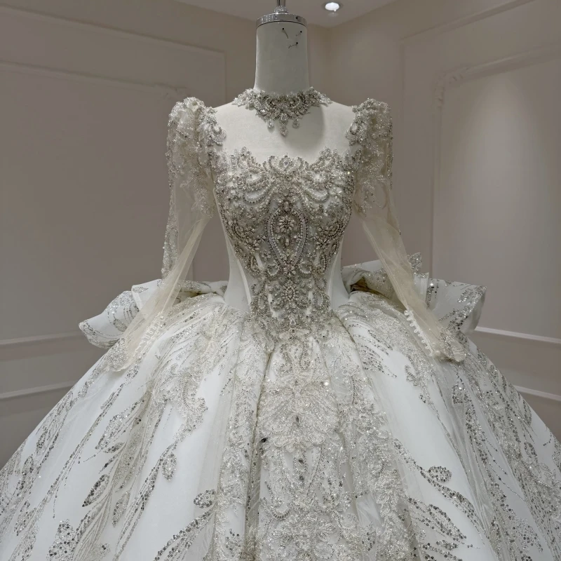 Luxury White Dubai Arabic Mermaid Wedding Dresses Applique Lace Beading Crystal A-Line Court Train Wedding Dress Bridal Gowns