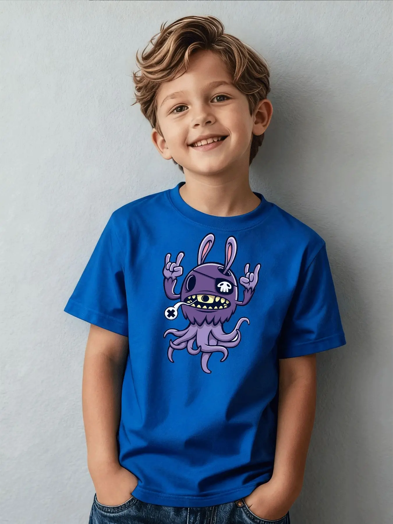 Children's Fashion T-shirt Cartoon Purple Monster with Rabbit Ears and Skull Pattern Printed Outdoor Casual Parent Child Top