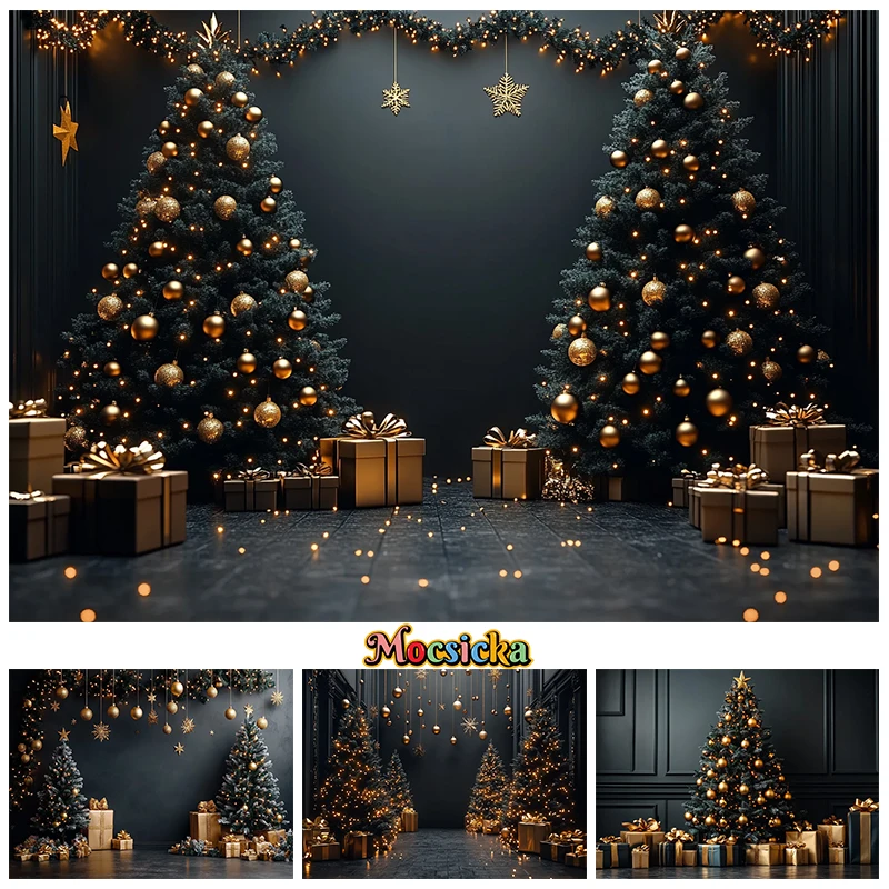 Christmas Tree Big Background For Photography Gold Ball Baby Shooting Props Home Gift Room Decoration Backdrop Studio Photobooth