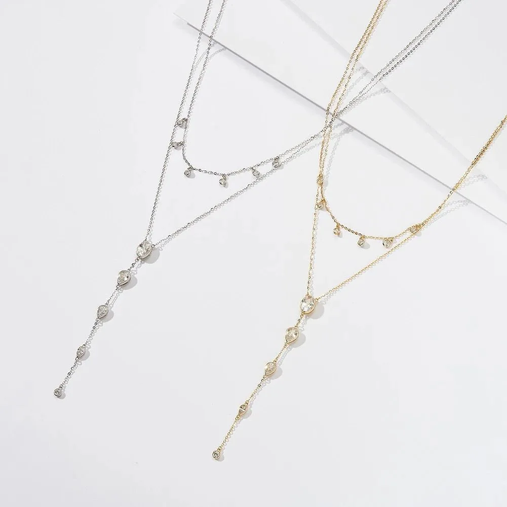 Double Layer Lariat Y-Shaped Back Necklace Golden Shiny Cubic Zirconia Dangling Crystal Choker Elegant Bridal Back Chain