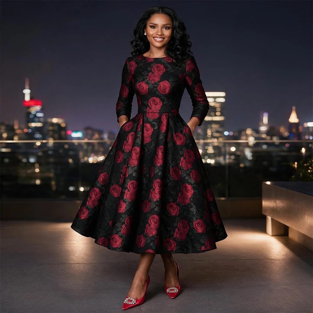 Women Black Red Floral Jacquard Midi Dress Round Neck 3 4 Sleeve High Waist A Line Pockets Elegant Evening Wedding Guest Dresses