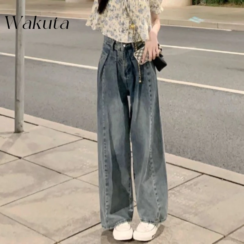 

WAKUTA American Retro Zipper Draped Wide-leg Jeans Fall High-waisted Skinny Design Street Style Straight Pant High Waisted Jeans