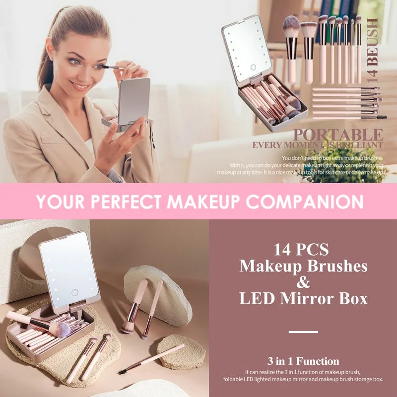 14 pièces pinceaux de maquillage ombres à paupières ensemble de maquillage avec Mini miroir LED, miroir cosmétique avec éclairage organisateur de pinceaux cosmétiques