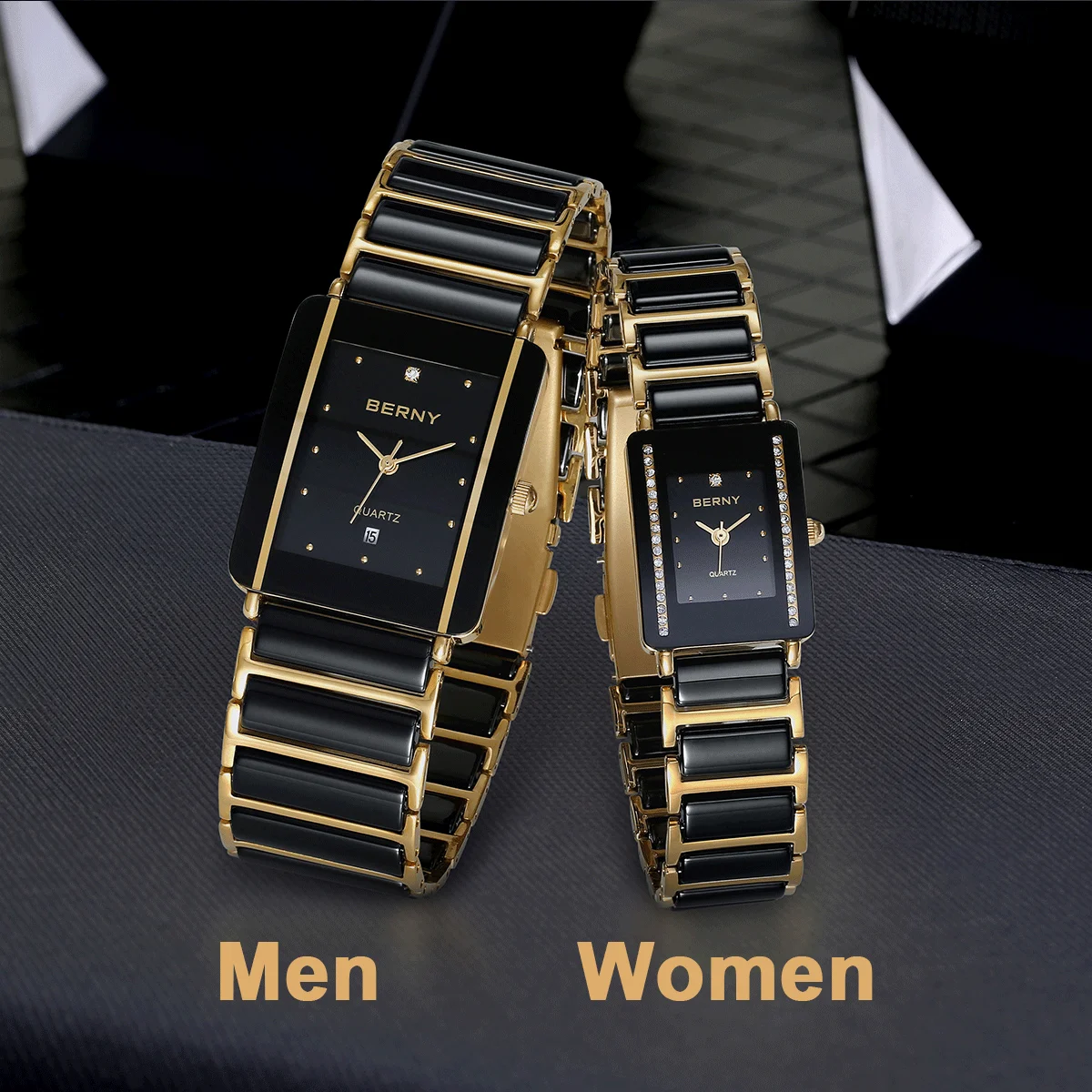 BERNY Ceramic Quartz Men Watch Fashion Luxury Rectangle Wristwatch XV12 Waterproof Calendar Diamon Black Gold Couple Gifts Watch