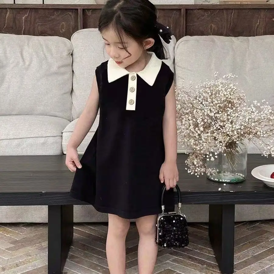 

Children's Dress Summer New Sleeveless Little Black Dress Baby Girl Vest Princess Dress POLO Collar Stylish Girl's Dress