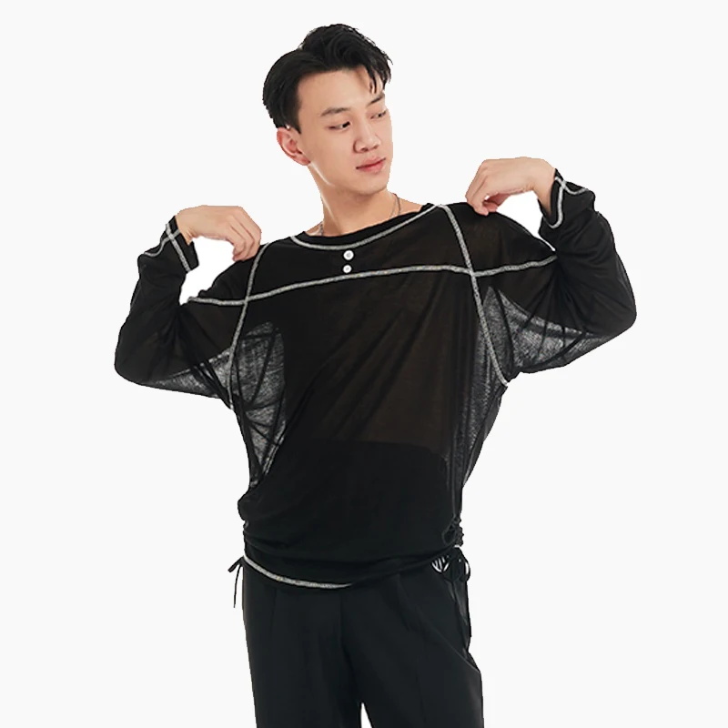 

Adult Latin Dance Tops Men Long Sleeve Mesh Shirts Samba Chacha Tango Male Latin Dance Performance Wear Stage Clothing DN20567