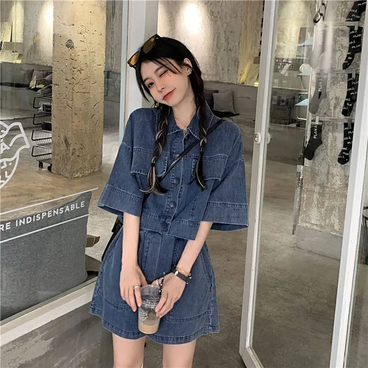 Korea New Summer Fashion Denim Two-piece Set Women Short Sleeve Short Coat High Waist Slim Shorts Casual Y2K Shorts Set Outfits