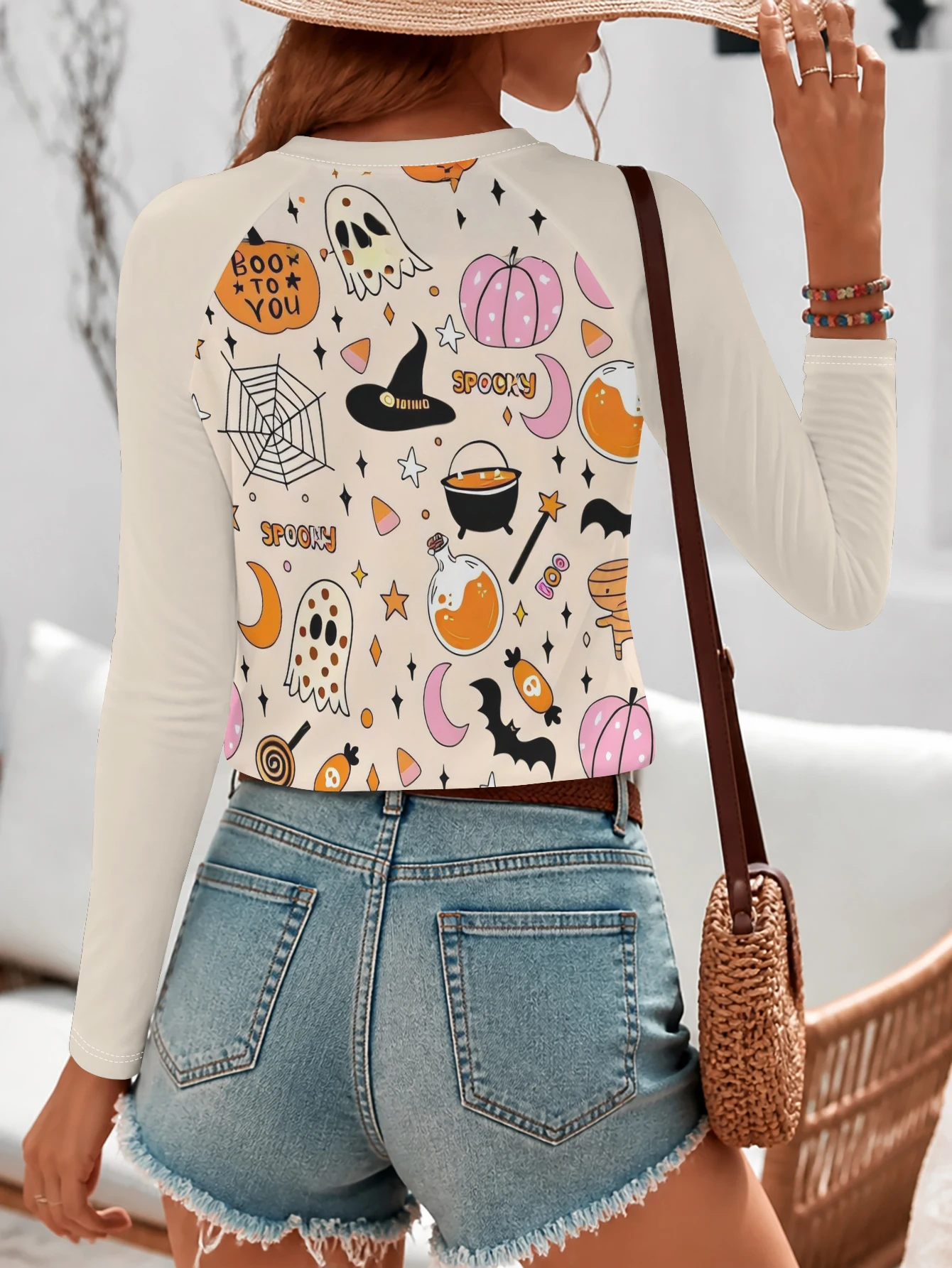 Women Halloween T‑shirt Doodle Pumpkin Ghost Bat Print Raglan Long Sleeve Autumn Winter Holiday Casual Tee Top Women's Clothes