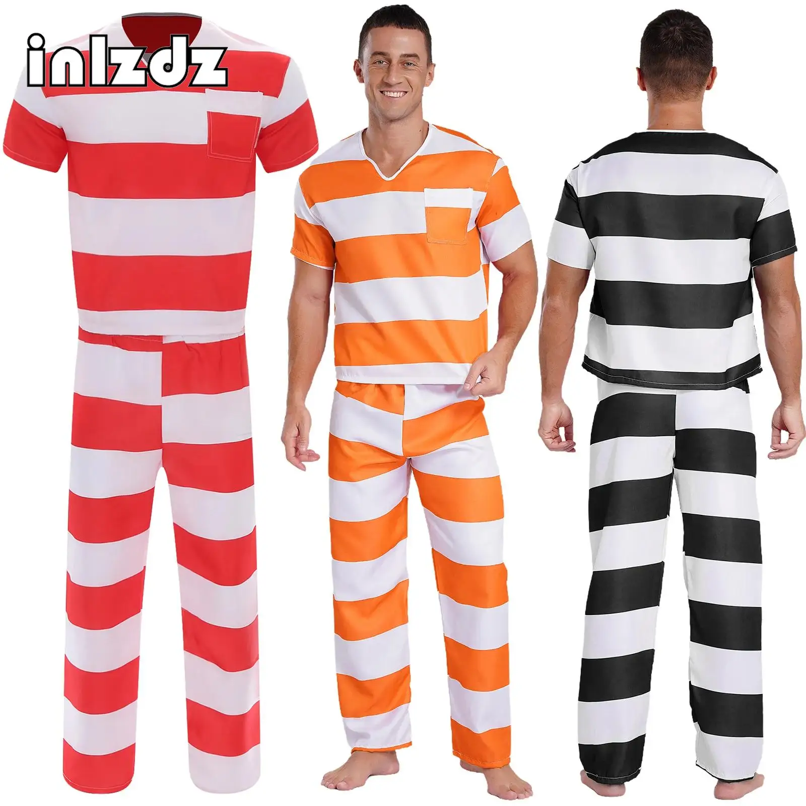 

Mens Halloween Guilty Prisoner Striped Cosplay Costumes V Neck Short Sleeve Shirt Top And Pants Suit Jailbird Convict Uniform
