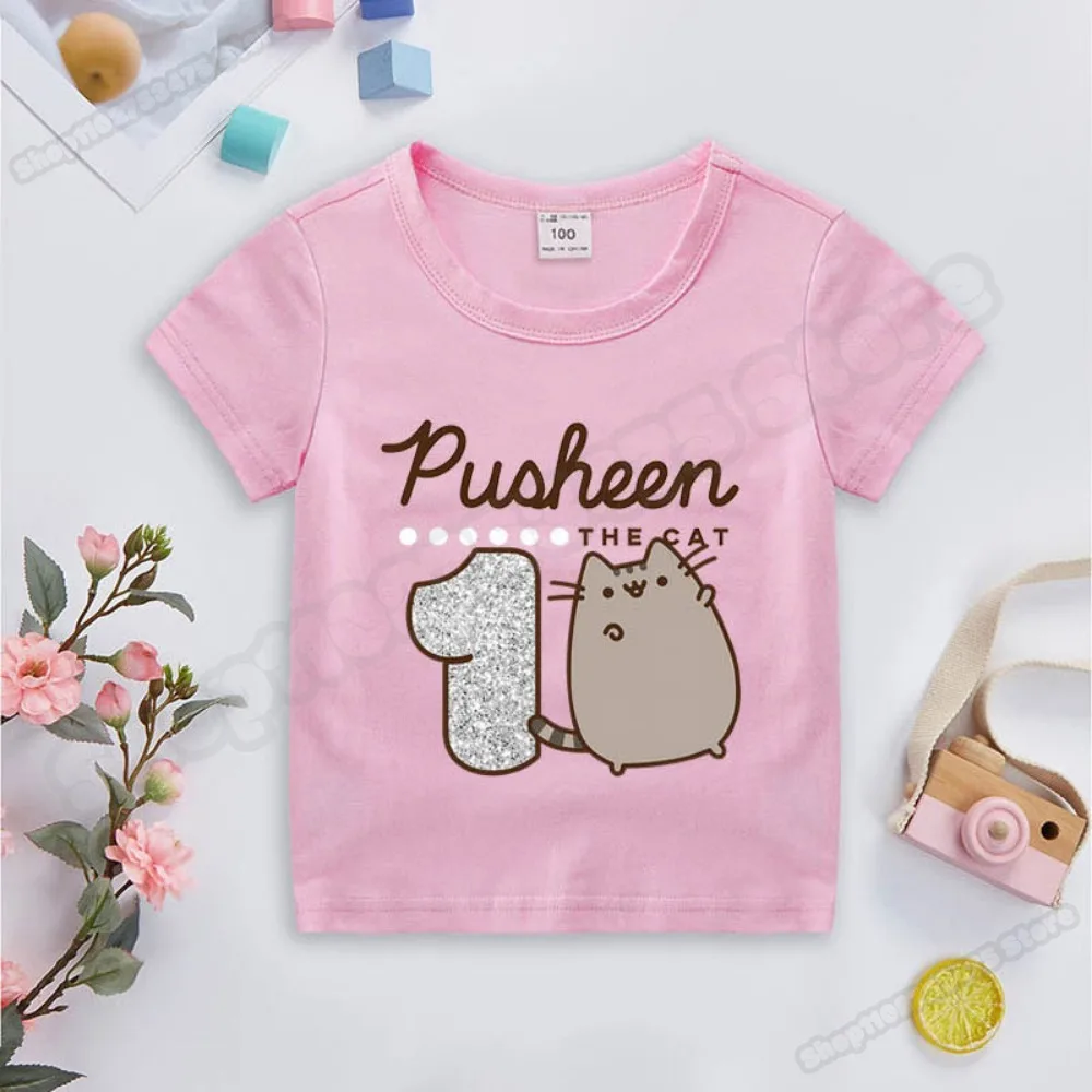 Pusheen Meisjes Cartoon Leuke T-shirt Kinderen Anime Kawaii Tee Kids Casual Katoenen Kleding Zomer Verjaardag Nummer Top Geschenken 2024