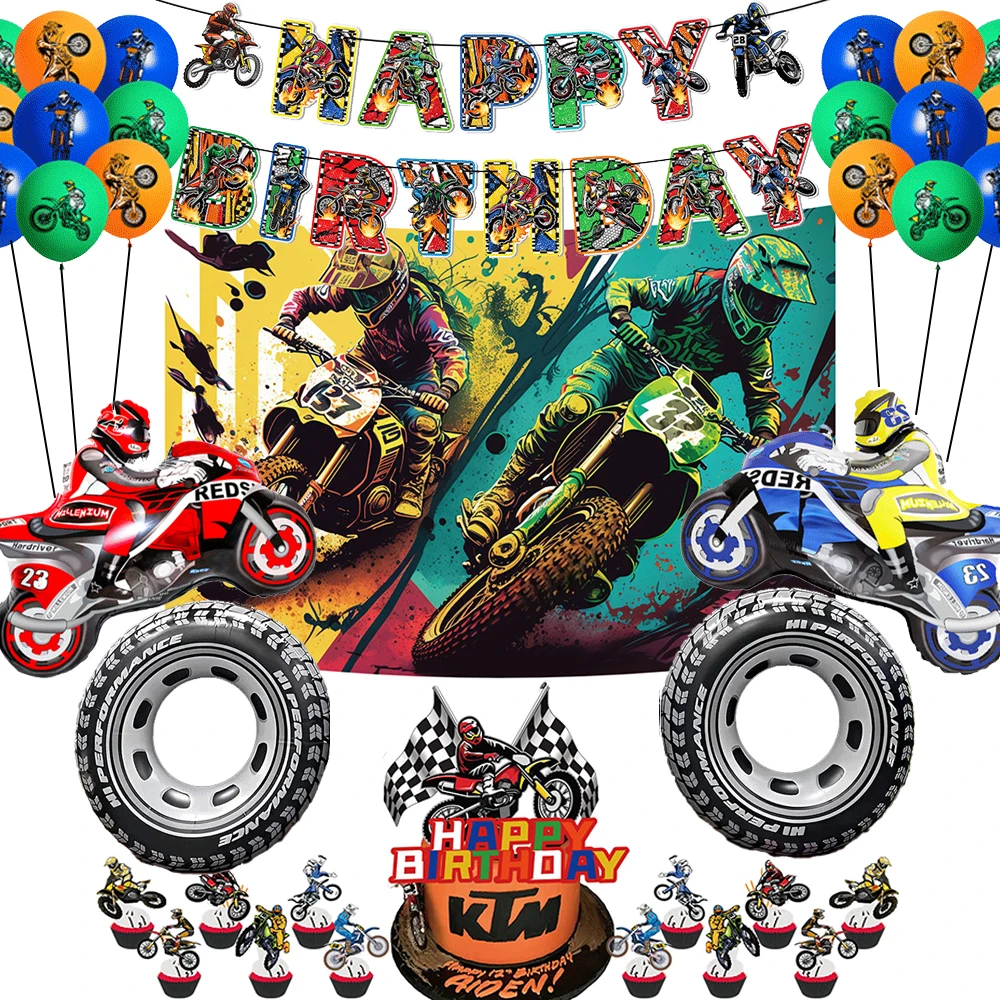 

Motocross Dirt Bike Birthday Decor Banner Cake Topper Foil Motorcycle Balloon for Boy Kids Motor Theme Party Decoration Supplies