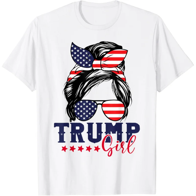 

Trump Girl Messy Bun 2024 Election American Flag T-Shirt
