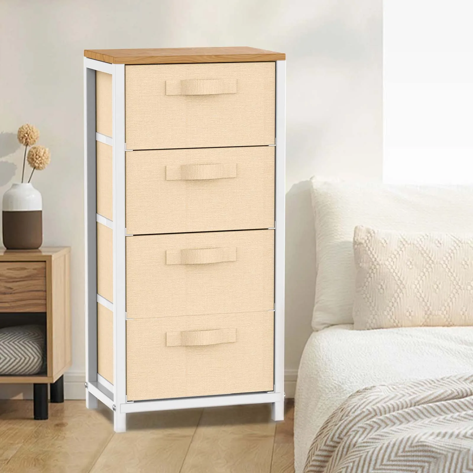 Chest of Drawers, Storage Wardrobe Cabinet with 4 Fabric Drawers & Metal Frame, Cloth Organizer Unit for Living Room, Bedroom