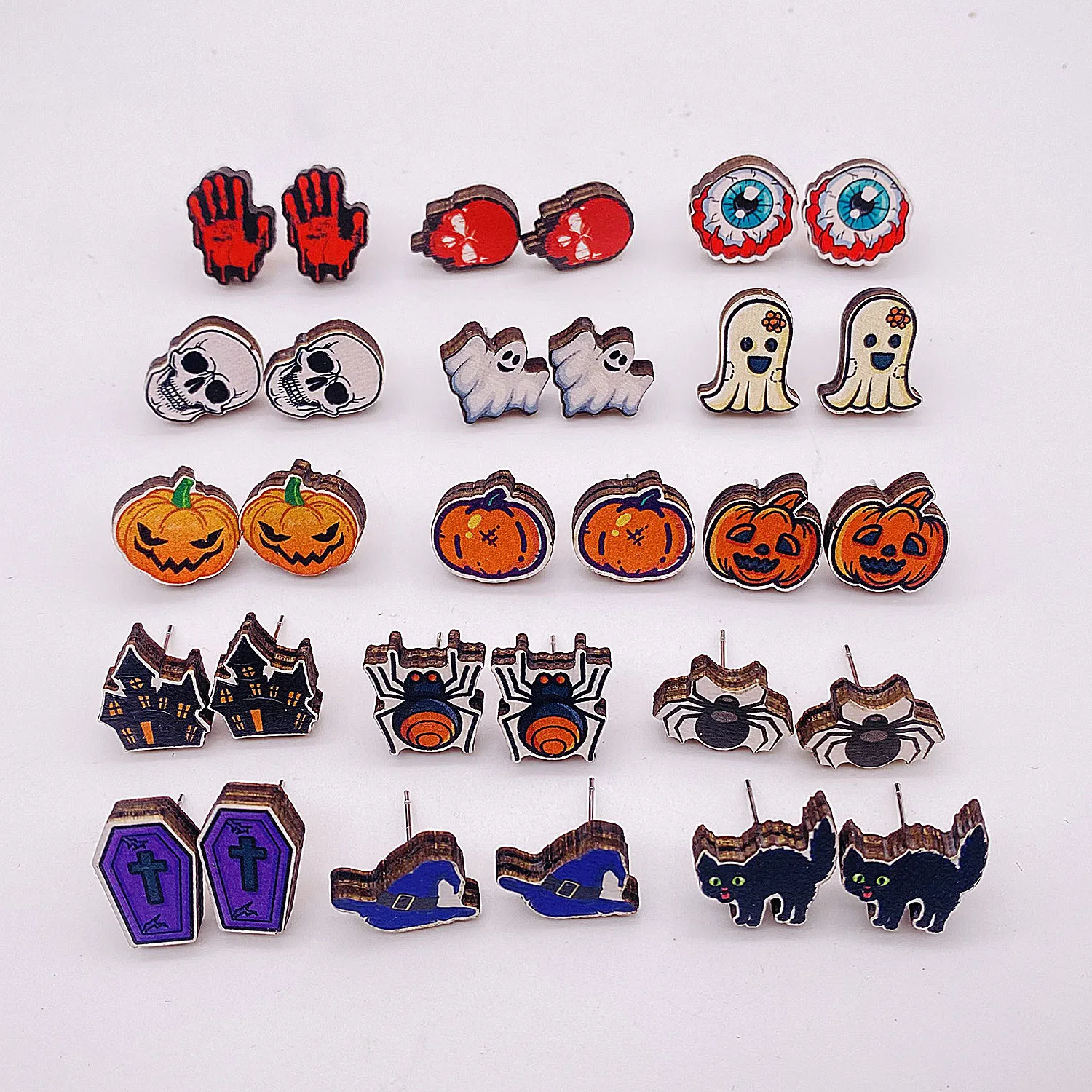 Europe and America Multi-color Form Wooden Acrylic Printing Skeleton, Spider, Pumpkin Earring UNISEX Halloween Party Earrings