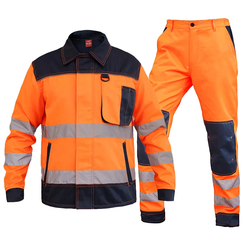 High Visibility Jacket and Pants Set for Men Reflective Safety Clothing Workwear Orange Multi Pockets Cargo Work Wear Suit