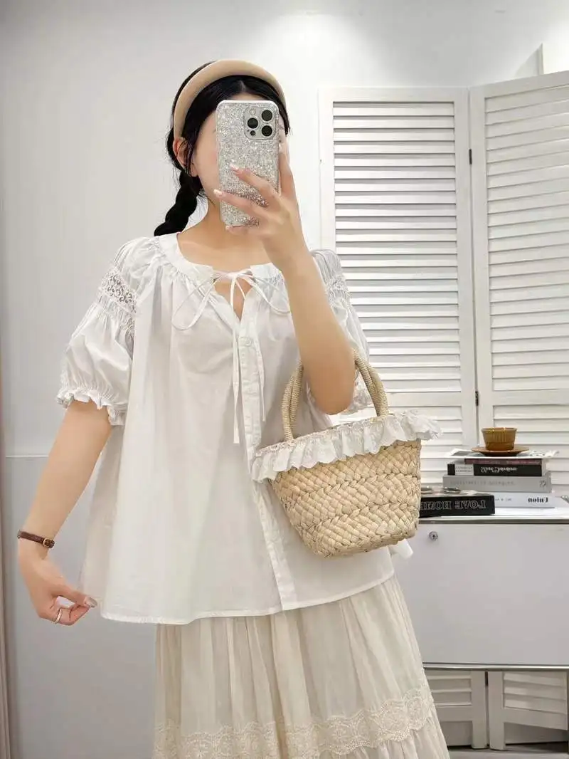 ใหม่2025ฤดูร้อนผ้าฝ้ายแขนสั้นเสื้อผู้หญิงVคอเย็บปักถักร้อย, Moriสาวภาษาฝรั่งเศสคําเดินทางอายุลดเสื้อหลวมT57221CC