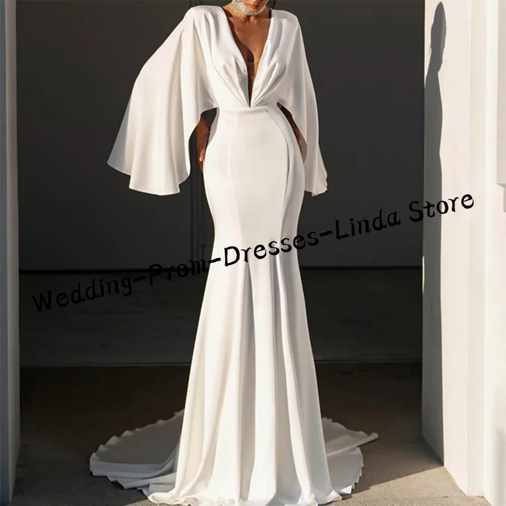 

Classic V-Neck Pearls Simple Mermaid Bride Wedding Dresses Bridal Gowns Customized