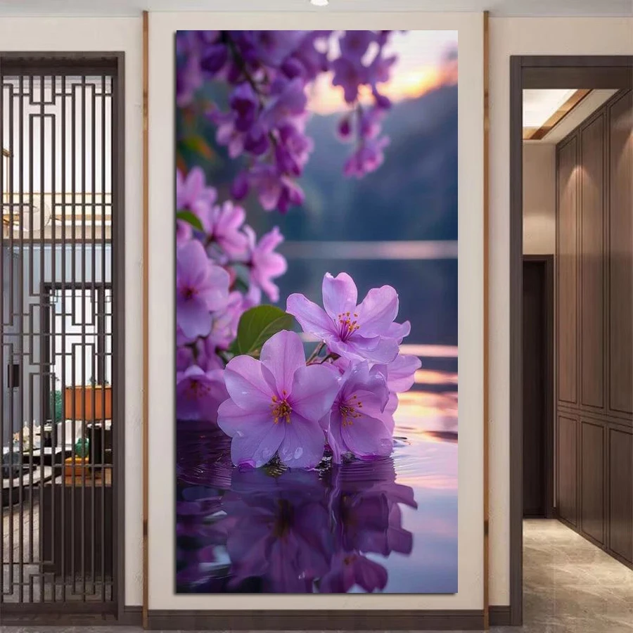 

Набор для алмазной вышивки: Пейзаж с горами и озером, крупноформатная картина с фиолетовыми цветами, полная выкладка, мозаика, DIY