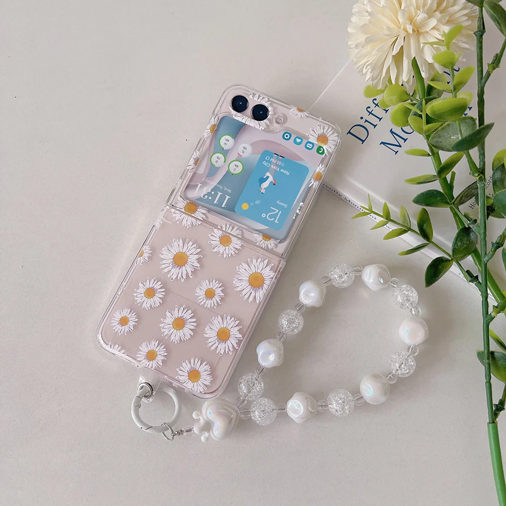 For Samsung Z Flip 5 4 3 ZFlip5 Case Small Daisy Bracelet Transparent Folding Shockproof Protective Plastics Hard Back Cover