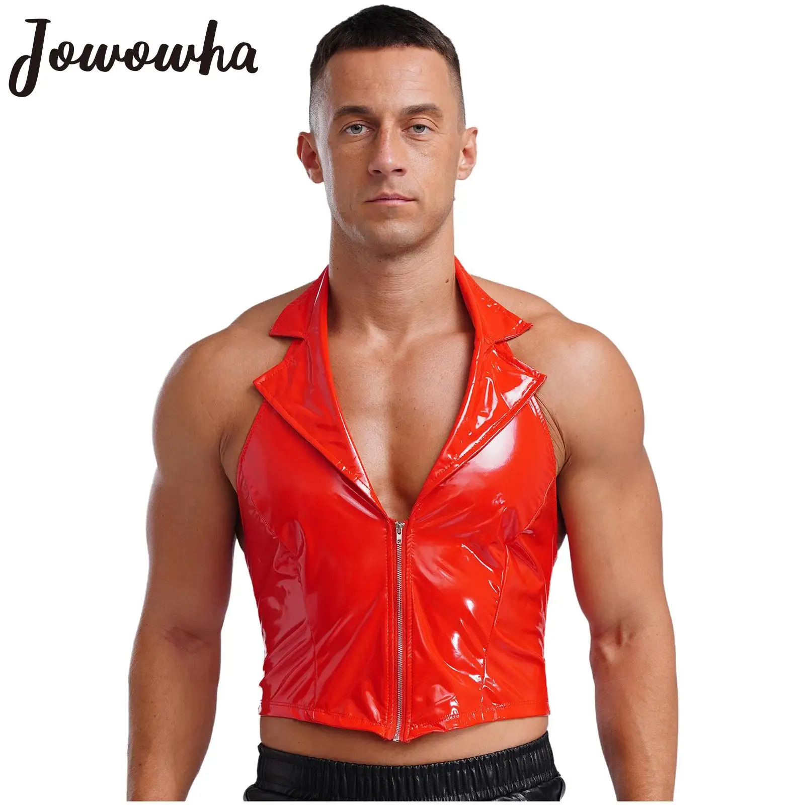 Men Wet Look Patent Leather Vest Lapel Sleeveless Zipper Tank Top Punk Rock Motorcycle Waistcoat Disco Party Pole Dance Clubwear