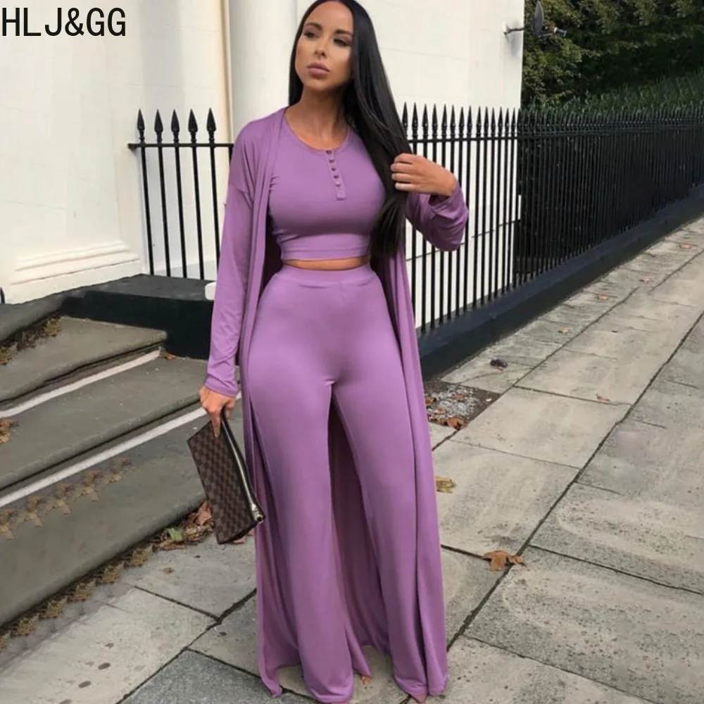 

HLJ&GG Autumn Winter Casual Solid Three Piece Sets Women Crop Top+long Sleeve Cardigan+wide Leg Pants Outfits Female Streetwear