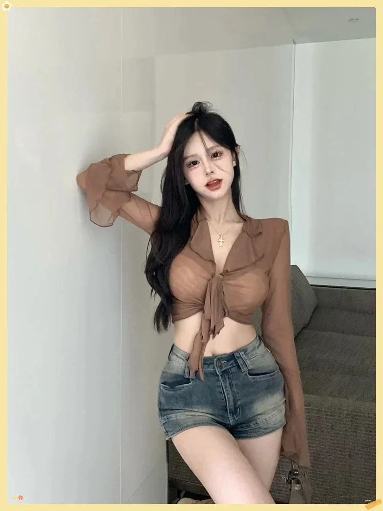 

Блузки с длинными расклешенными рукавами для женщин, сетчатые сексуальные милые милые девушки, корейский модный стиль, универсальный однотонный дизайн, элегантный повседневный стиль