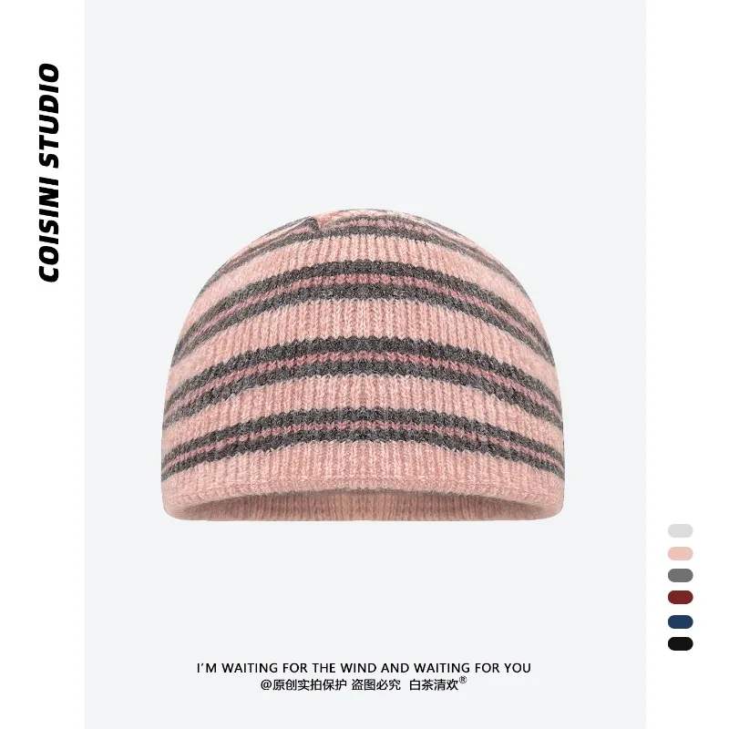 Koreanische gestreifte Strickmütze für Männer und Frauen, Herbst und Winter, verdickt und warm, modische Kurzschirm-Skull-Beanie-Mütze – Detail 5