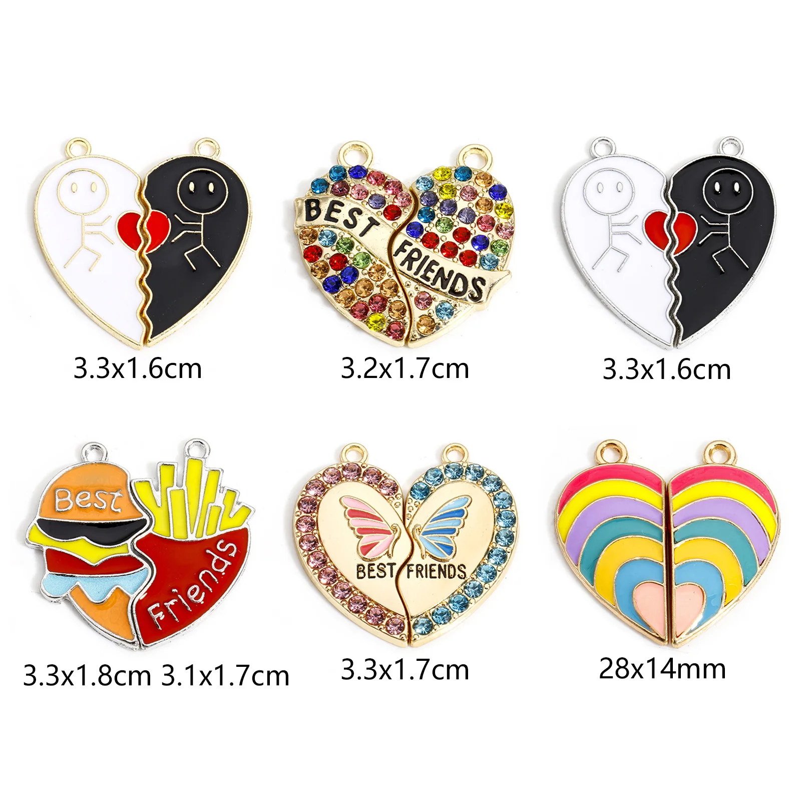 5Sets New Best Friends Pendants Gold Color Broken Heart Multicolor Enamel Rhinestone Charms DIY Necklace Earrings Women Jewelry