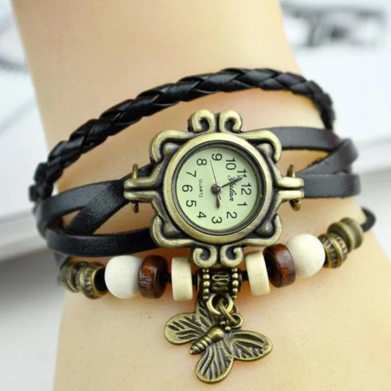 Multicolor Women Leather Vintage Quartz Dress Watch Bracelet Wristwatches Leaf Gift