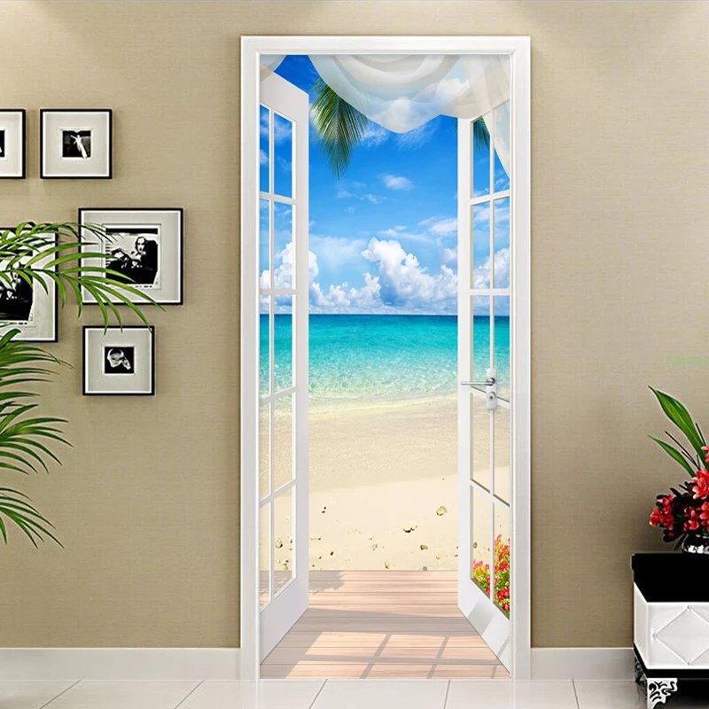 PVC Self-adhesive Door Sticker Window Sandy Beach Seascape 3D Photo Wallpaper Mural Living Room Bedroom Door Decoration Stickers